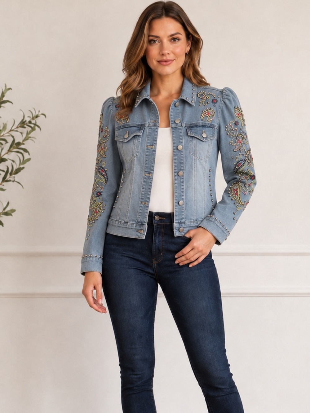 Boston Proper Embroidered Light Blue Denim Jacket with Stud Detail Size M